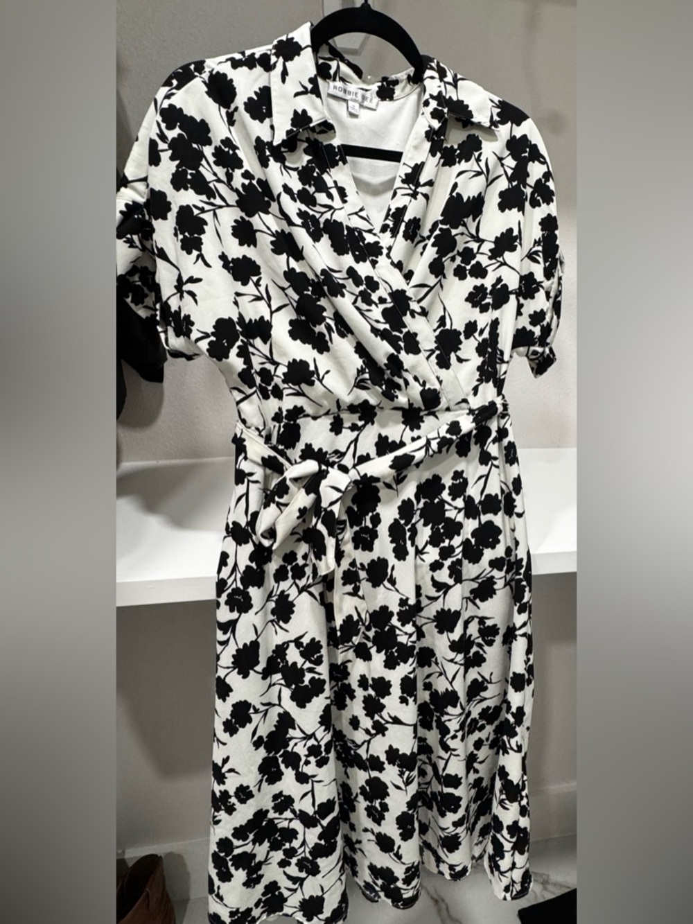 Robbie Bee Black and White Floral Wrap Midi Dress